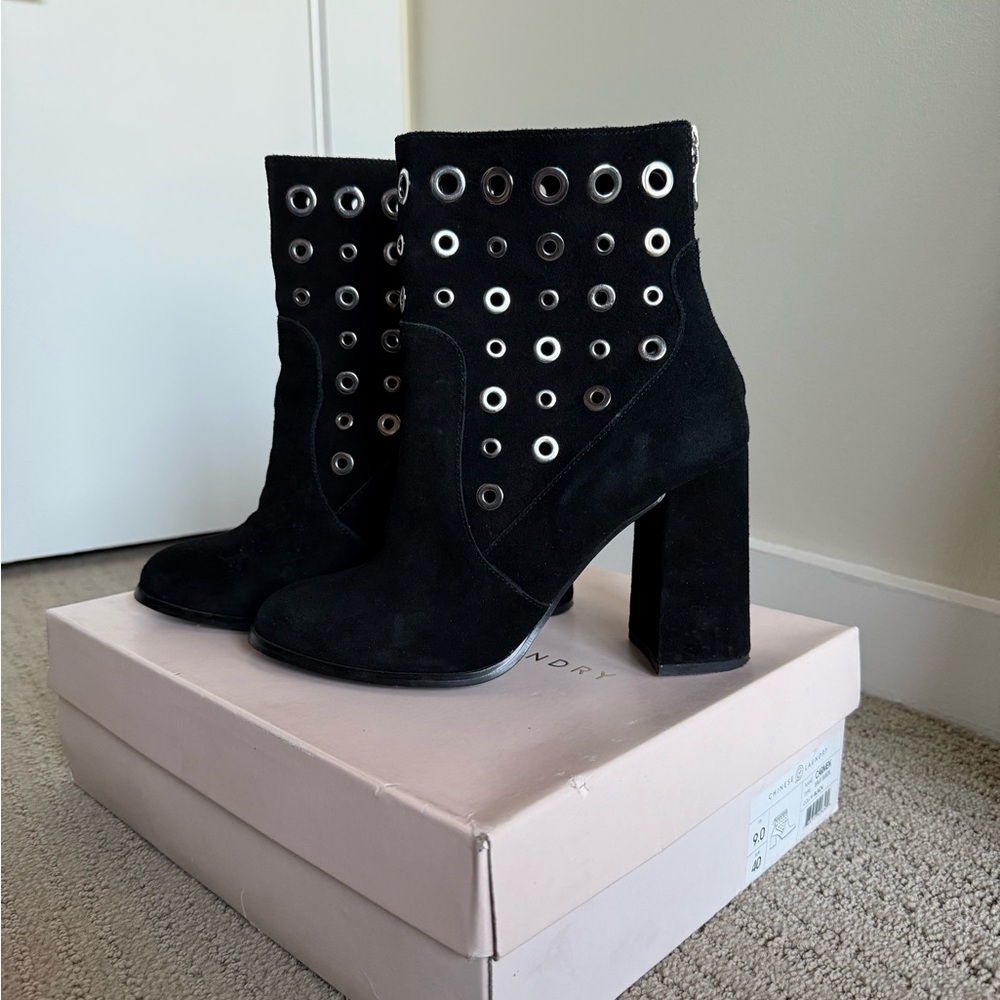 Chinese Laundry Black Heeled Boots with Grommet Detailing